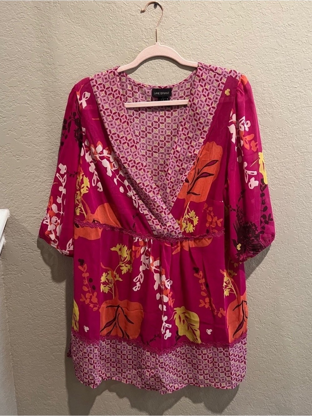 Lane Bryant Fuchsia Floral V-Neck Swim Coverup